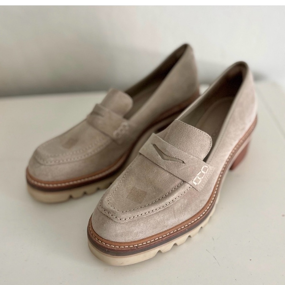 Bernardo Selma Stacked Heel Loafers in Clay Split Suede, Size 8